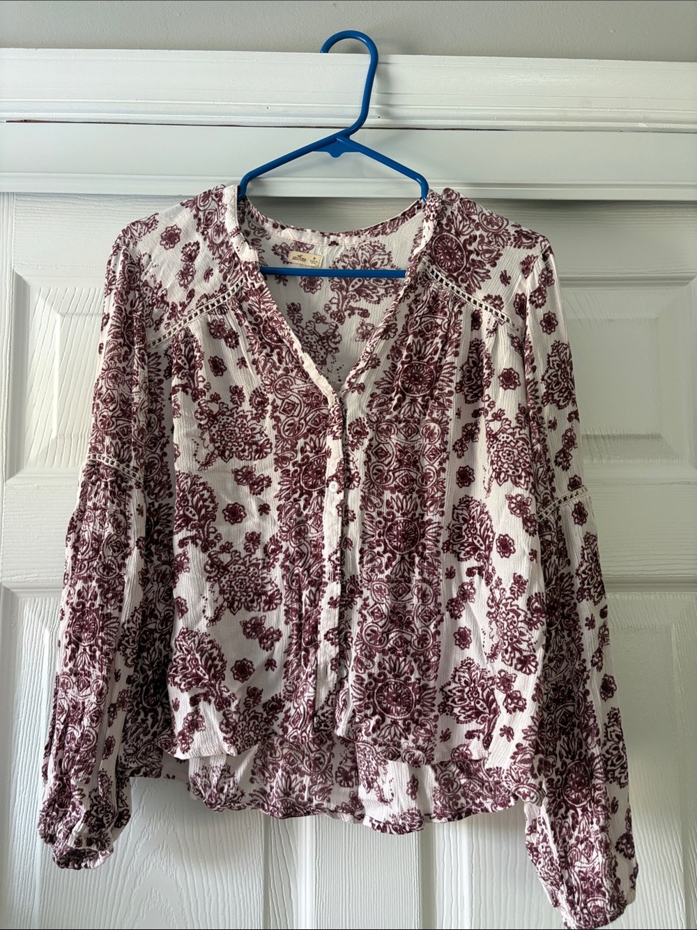 Hollister White Blouse with Burgundy Floral Print Button-Down